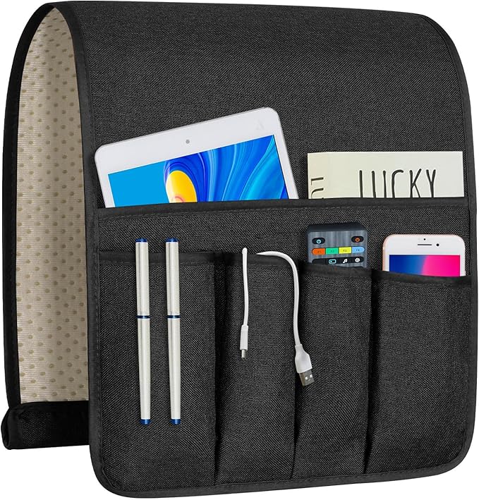 NB Sofa Armrest Organize Remote Holder Bedside Caddy Organizer With 5 Pockets，Non-Slip Couch Remote Control Holder Couch Armchair Caddy Accessories (Black, 35"X12.4")