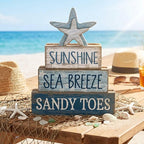 Lineshading 4 Pcs Summer Table Decoration Coastal Wooden Stacked Block Decor, Sunshine Sea Breeze Sandy Toes Signs with Starfish, Rustic White and Blue Beach Tiered Tray Decor for Home Entryway