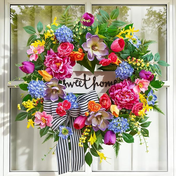 Pinkpuii Spring Wreaths for Front Door Outside– 24 Inch Spring Door Wreath with Pink Peonies, Roses,Blue Hydrangeas&Yellow Tulips,Colorful Welcome Summer Wreaths for Front Door Porch & Entryway Decor