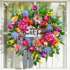Pinkpuii Spring Wreaths for Front Door Outside– 24 Inch Spring Door Wreath with Pink Peonies, Roses,Blue Hydrangeas&Yellow Tulips,Colorful Welcome Summer Wreaths for Front Door Porch & Entryway Decor