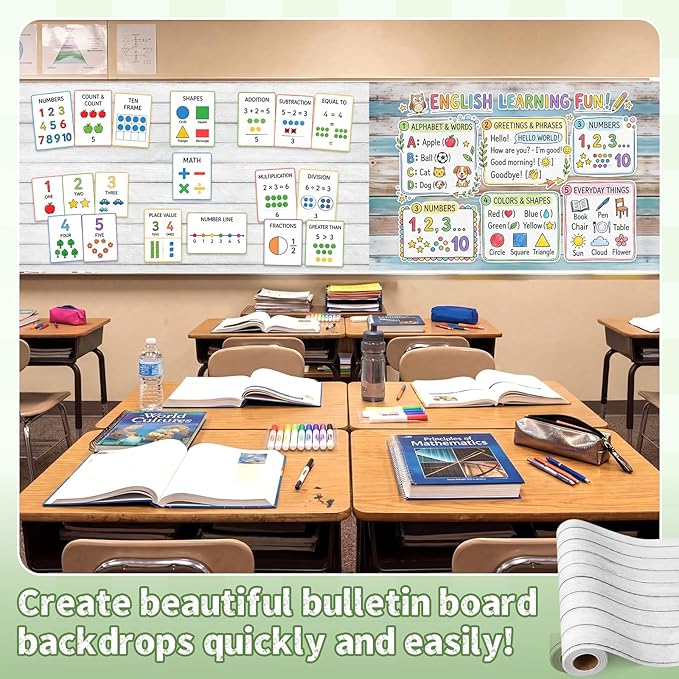 Hahafelt 1.3x39 ft Fabric Bulletin Board Roll Reusable Waterproof Erasable Bulletin Board Wrinkle Resistant Non-Woven Fabric Roll for Background Decor DIY Craft (White,Wood Grain)