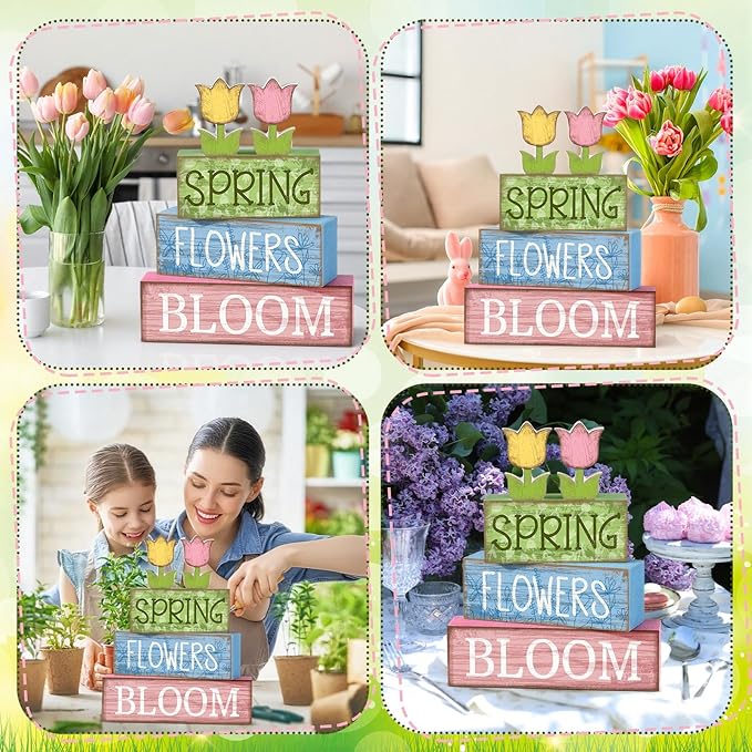 Moucuny 4 Pcs Spring Table Decor Wooden Tulip Spring Tiered Tray Decor Flowers Table Centerpiece Decorative Colorful Tulip Block Signs Gift Farmhouse Flowers Decoration for Home Kitchen Shelf