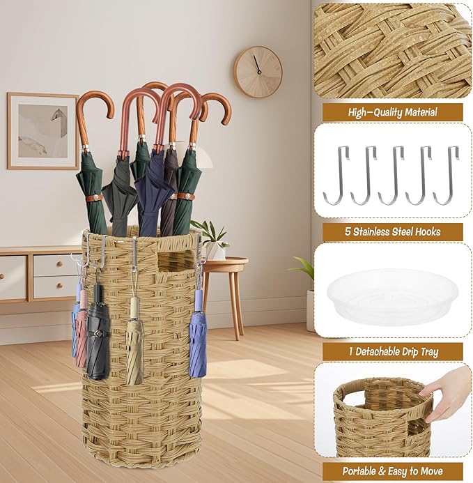 Rattan Umbrella Stand for Entryway, Hand Woven Umbrella Holder Organizer with Detachable Drip Tray and 5 Stainless Steel Hooks, Freestanding Umbrella Rack for Home & Office, 8.6" L x 8.6" W x 17" H