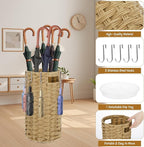 Rattan Umbrella Stand for Entryway, Hand Woven Umbrella Holder Organizer with Detachable Drip Tray and 5 Stainless Steel Hooks, Freestanding Umbrella Rack for Home & Office, 8.6" L x 8.6" W x 17" H