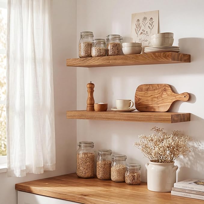 Marsmiles 20 inch Floating Shelves for Wall Solid Elm Wood Shelves|Rustic Wall Shelves with Heavy-Duty Invisible Bracket for Bathroom Living Room Kitchen|Natural, 2 Pack