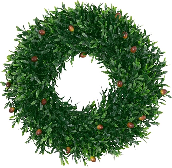 SHACOS Olive Greenery Wreath 17" Artificial Boxwood Front Door Wreaths for Home Wall Window Farmhouse Decoration 100% Plastic Indoor Outdoor
