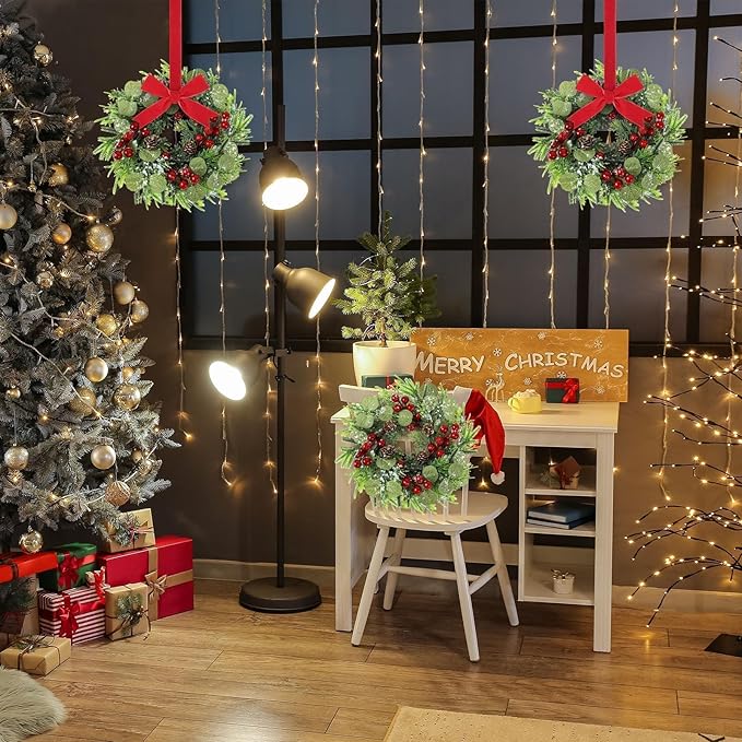 8 Pcs 9 Inch Christmas Artificial Wreaths for Kitchen Cabinet Norfolk Pine Garland with Red Berries Pinecones Wreaths Swags Snowy Pine Candle Rings Holder for Christmas Decorations Table Centerpiece