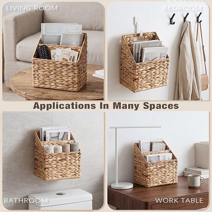 Hushee Wicker Hanging Magazine Rack 10.5 x 6.5 x 13 Inches Magazine File Holder Handwoven Wall Mounted Hanging Basket with Divided Compartments and Slanted Design Rustic Boho Home Office Decor
