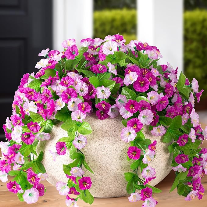 Artificial Fake Hanging Flowers Plants for Outdoor Decoration, 2PCS Faux Silk Morning Glory Long Vines Stems UV Resistant Look Real for Outside Home Porch Patio(Violet)