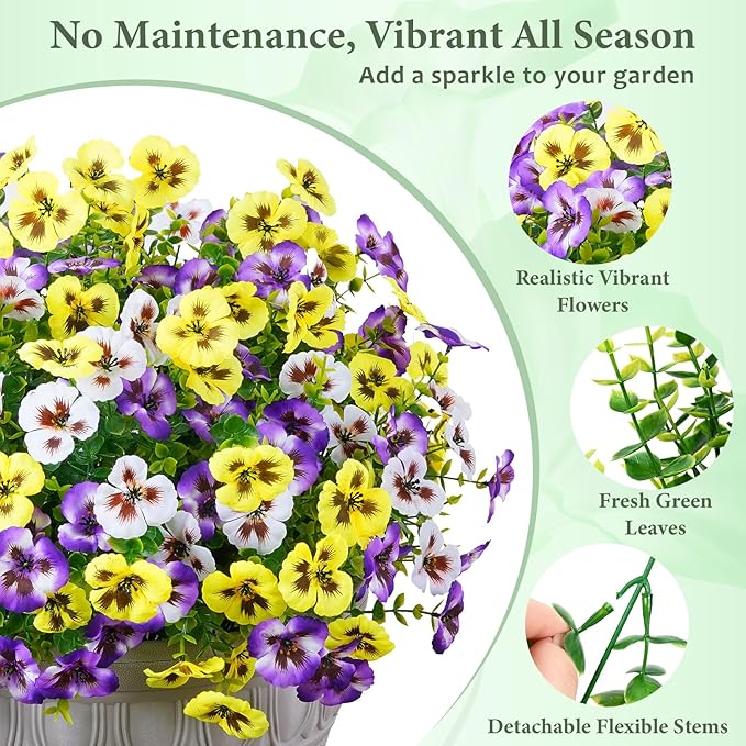 MARTINE MALL 12 Bundles Look Real Artificial Flowers for Outdoors, Realistic Fake Outdoor Flowers, UV Resistant Silk Pansy Flowers for Outside Faux Flower Plants for Outdoor Porch Garden, Mixed Colors