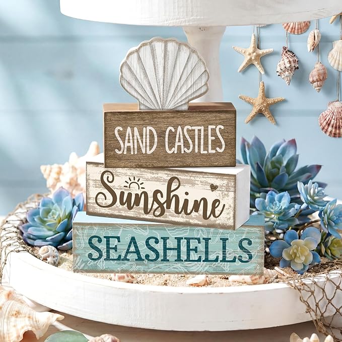 Yuntau 4 Pcs Summer Decorations for Home Beach Shells Wooden Tabletop Decor Summer Tiered Tray Decor Rustic Sand Castles Sunshine Seashells Block Sign Centerpiece Farmhouse Table for Shelf Office