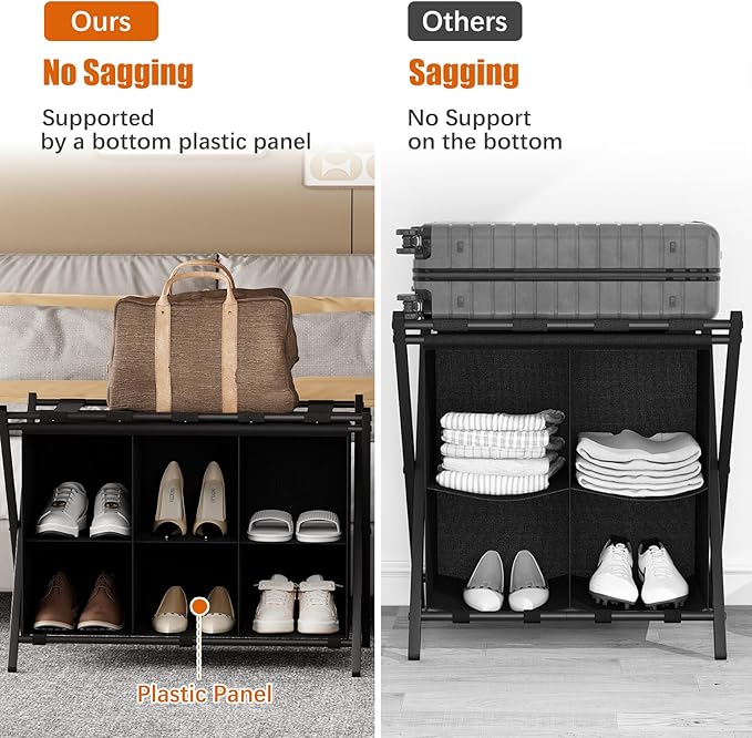 Luggage Rack for Guest Room, Set of 2, Folding Suitcase Stand with 6-Cube Fabric Storage Shelf, Luggage Holder, Steel Foldable Luggage Stand for Guest Room, Bedroom, Hotel, Black