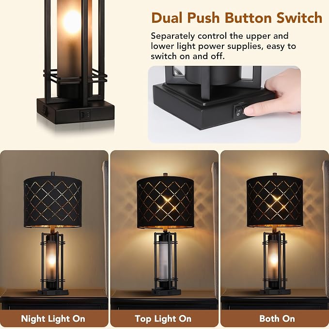 Modern Table Lamp Set of 2, Nightstand Lamps with Black Grid Shade, Bedside Lamps with USB A+C Charging Ports, Decorative Table Lamp, Square Base, Desk Lamps for Living Room, Bedroom, 2 Bulbs Included