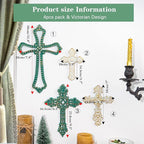 Sungmor 4PC Heavy & Sturdy Embossed Cast Iron Cross Decor for Wall, Beautiful Vintage Decorative Hanging Crosses Wall Decor, Distressed White & Green Religious Wall Sculptures Metal Wall Arts Crosses