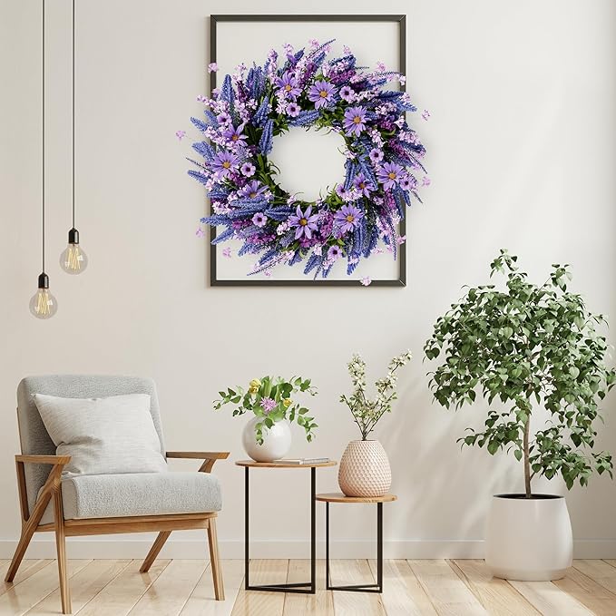 Sggvecsy Lavender Wreath for Front Door 22 Inch - Purple Daisy Spring Summer Artificial Wild Flower Greenery Leaves for All Seasons - Farmhouse Home Wall Indoor Outdoor Window Decor