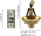 Lescafita Handmade African Seated Woman Sculpture - Gold Tribal Figure Holding Basket, Resin Home Decor for Shelf/Table, Unique Cultural Gift (9" H)