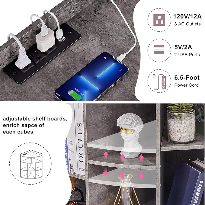 VECELO Corner Cube Shelf with USB Ports & Outlets, Modern Corner Toy Storage Rack with Adjustable Shlef, Wooden Display Bookshelf Bookcase for Living Room, Bedroom, Dining Room, Kitchen, Gray