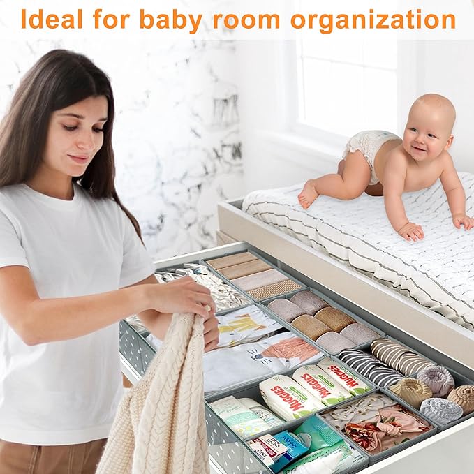 Fabric Drawer Organizer Bins for Nursery – 12 Pack Clothe Drawer Dividers for Baby Dresser, Grey Heart Pattern Storage Boxes for Clothes, Diapers & Accessories