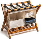 Fully Assembled Walnut Bamboo Folding Luggage Rack for Guest Room, 26.75" Folding Suitcase Stand with Removable Laundry Bag & Storage Shelf, Heavy Duty Foldable Luggage Stand for Bedrooms, Hotels, Airbnbs Holds 215lb