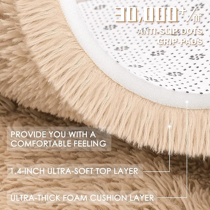 OLANLY Beige Round Rugs for Bedroom - Machine Washable, 6 ft Circle Area Rugs for Living Room, Soft and Fluffy Shaggy Carpet for Teen Girls and Boys, Nursery Rooms, Dorms, Home Decor Aesthetic