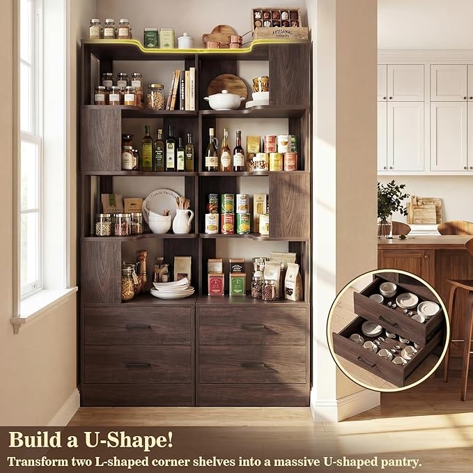 Armocity Corner Bookshelf with Drawers, 7 Tier Corner Book Shelf Display Bookcase, Freestanding L Shaped Bookshelf for Bedroom, Living Room, Home Office, Black Walnut