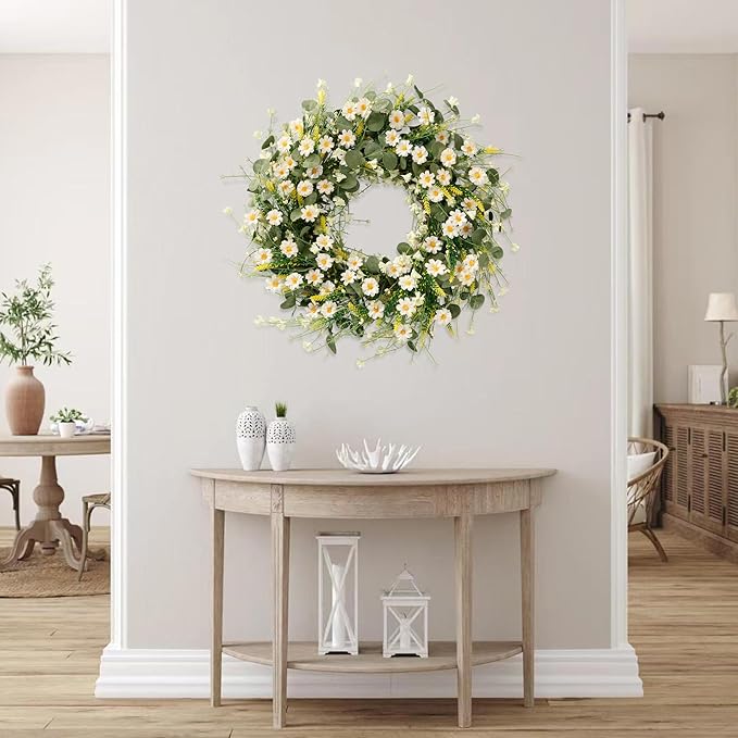 Sggvecsy White Daisy Wreath 24 Inch with Fake Silk Floral Green Eucalyptus Leaves and Lavender for Spring Summer Front Door Window Wall Wedding Farmhouse Festival Decor