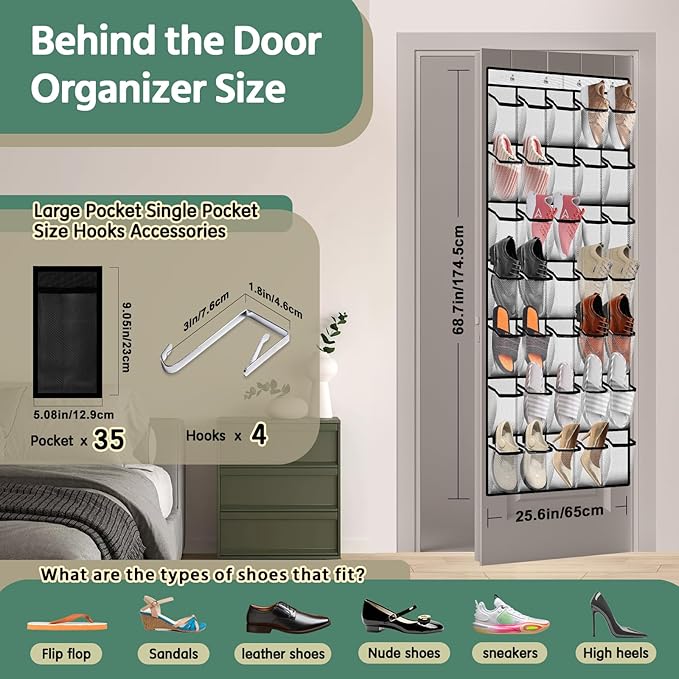 PAULONE 35 Pocket Over the Door Shoe Organizer,Reusable Breathable Large Mesh Bag Men's & Women's Sneaker Organizer,Shoe Organizer for Kids,Hanging Shoe Storage Hanging Bag -White