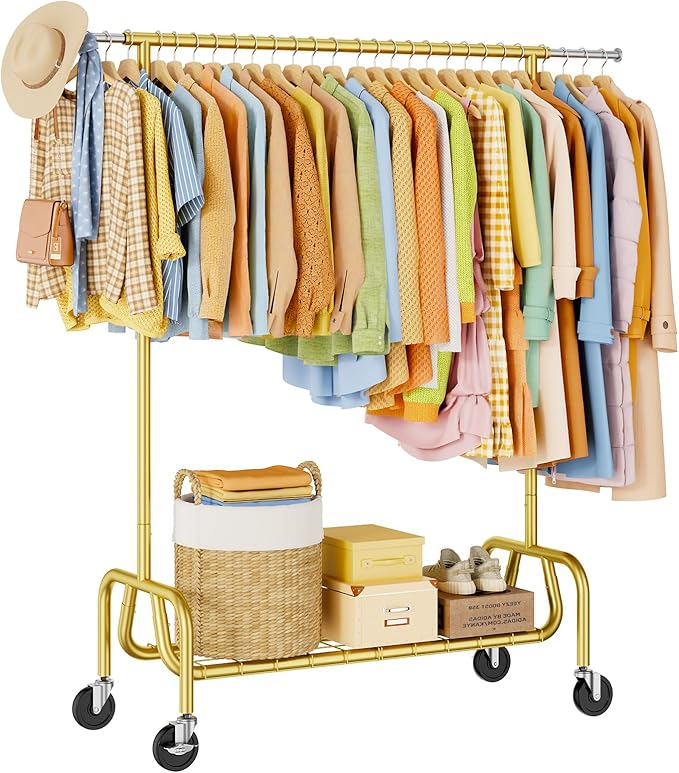 Heavy-duty Clothing Rack with Wheels, Rolling Clothes Rack, Clothes Racks for Hanging Clothes, Metal Standing Garment Racks, Gold