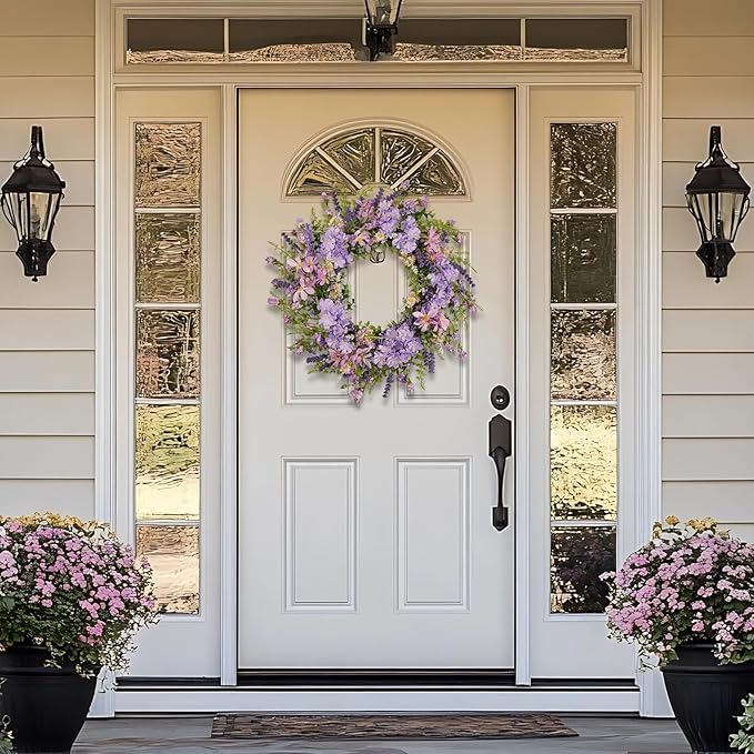 Purple Hydrangea Wreath for Front Door, 22 Inch Spring Wreath with Lavender & Artificial Flowers, Berry and Grain Accents, Rustic Farmhouse Floral Wreath for Outdoor Porch Indoor Home Decor
