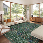 Washable Dark Green Rug for Living Room, 9x12 Large Area Rug for Dining Room, Bedroom, Soft, Low Pile, Non-Slip & Stain Resistant - Vintage Floral Design Carpet