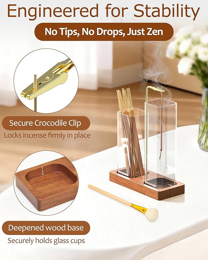 2 in 1 Incense Holder with 7.8" & 5.9" Glass Jars, Large Incense Holder for Sticks, Upside Down Incense Burner with Ash Catcher & Storage for Meditation Yoga Spa Home Decor - 20 Incense Sticks & Brush