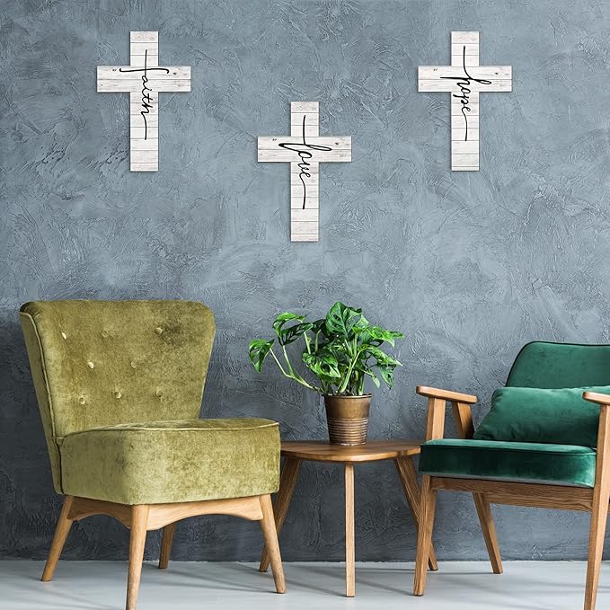 Jetec 3 Pieces Easter Faith Love Hope Cross Sign Crosses Wall Decor Wood Wall Hanging Rustic Cross Vintage Religious Love Art Decor Farmhouse Home Hanging Decorations, 12 x 8 Inch(White)
