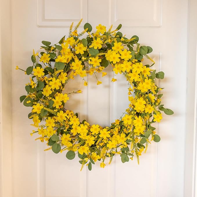 J'FLORU Artificial Large Spring Wreath 28 Inch Summer Wreaths for Front Door Yellow Daisy Wreath for Indoor Outdoor Home Decor and Easter Celebration