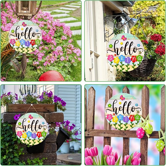 PETCEE Hello Spring Door Sign - 11.5" Colorful Flowers Spring Sign for Front Door Welcome Spring Decoration Wreath Farmhouse Welcome Spring Hanging Sign for Home Door Wall Porch Indoor Outdoor Decor
