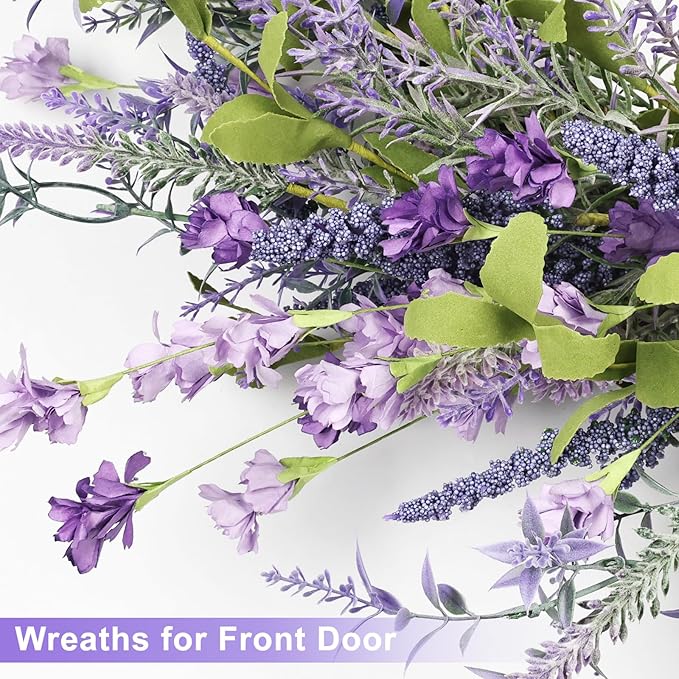 LZNPA 26 Inch Large Lavender Wreath for Front Door Greenery Summer Spring Wreaths for Front Door Wreaths for Front Door All Seasons for Wedding Farmhouse Wall Porch Window Decor(Purple Lavender)