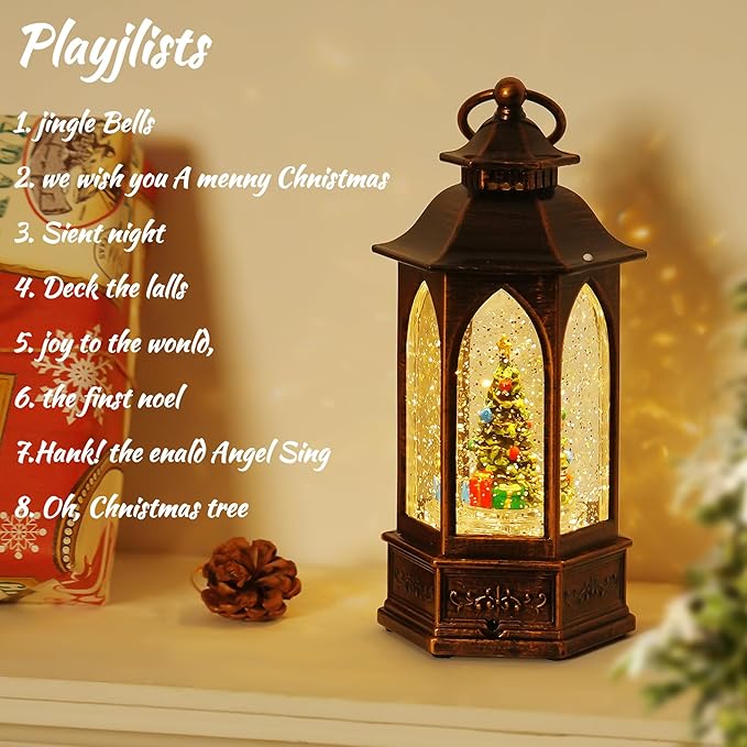 Christmas Snow Globe Lantern Water Glittering Christmas Tree Crown with Music, USB Lined/Battery Operated Lighted Lantern for Christmas Festival Decoration Gifts