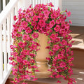 Artificial Hanging Flowers Plants for Outdoor Spring Summer Decoration, 2PCS Faux Silk Morning Glory UV Resistant Look Real for Outside Home Indoor Planter Porch Garden Yard Decor(Rose Red)
