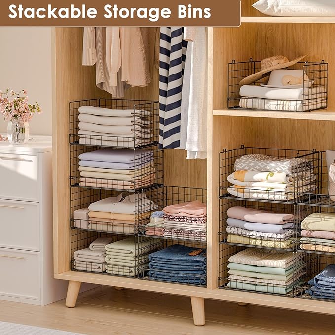 4-Tier Stackable Closet Organizers and Storage Shelves, Clothes Shelf Organizer Basket Bins, Foldable Sweater Storage for Closet Organizer System, Black (Patent Pending)
