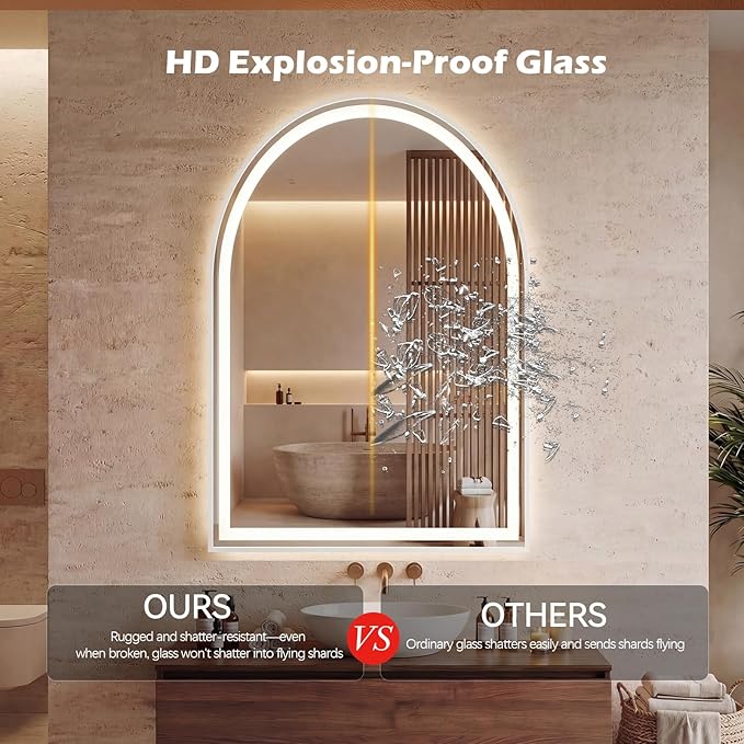 DUMOS 24"x36" LED Bathroom Mirror with Lights, Arched Vanity Mirror with Anti-Fog, Dimmable, 3-Color Light, Memory Function, Front Light and Backlit, Tempered Glass