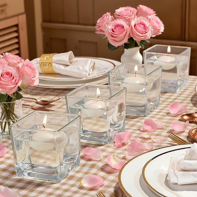CONNOO 9 Pack Square Glass Vase 4" x 4" x 4", Clear Bulk Flower Vases for Centerpieces, Square Glass Cube Vase Floating Candle Holders for Wedding Party Home Decor