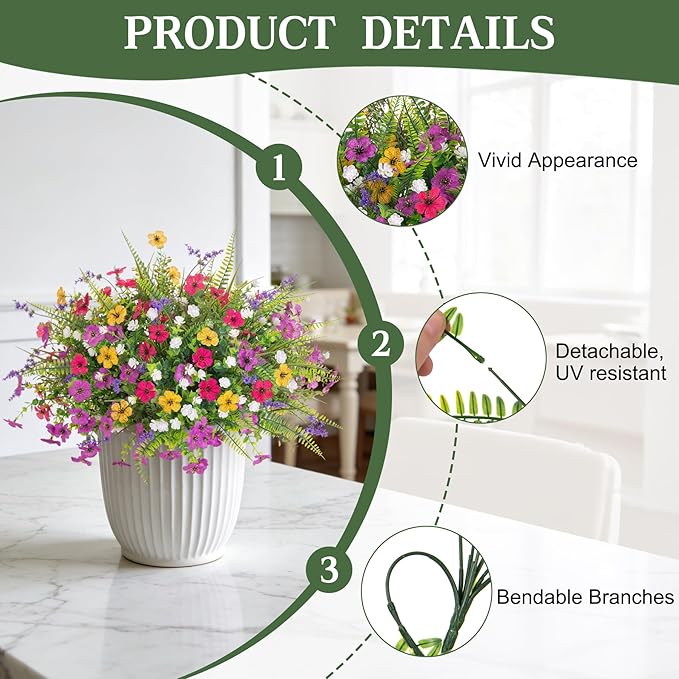 Artificial Fake Flowers for Outdoor Decoration 12 PCS Faux Silk Daisy Flowers for Outdoor Planters Fern Boxwood Monkey Grass UV Resistant for Outside Home Porch Patio Planter Decor