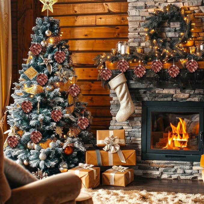 Jetec 8 Pieces Christmas Ornaments Glitter Christmas Tree Hanging Decoration Decorative Artificial Pine Cones Flowers Hanging Ornaments for Winter Wreath Holiday Decor(Brown Gold Color)