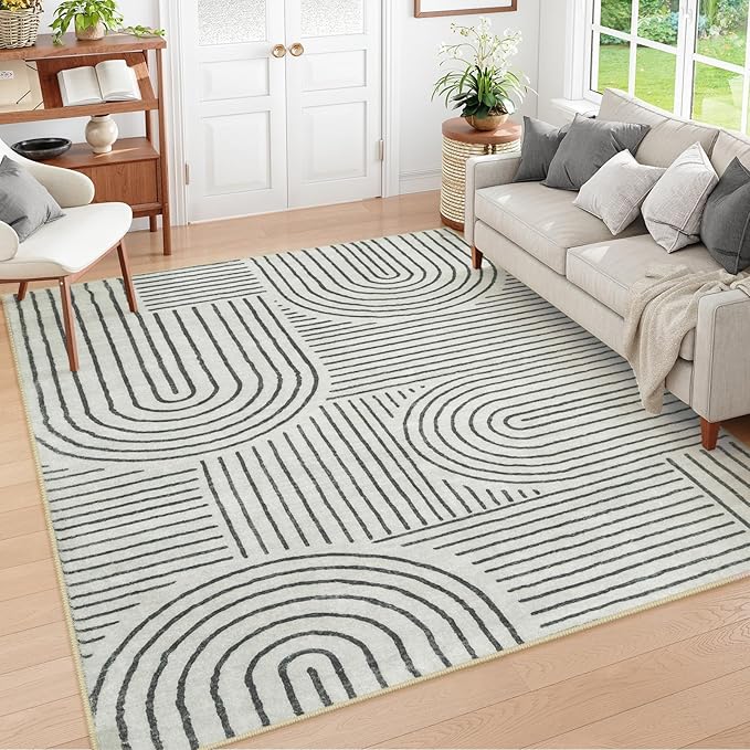 Lahome Abstract 10x14 Area Rugs for Living Room Bedroom, Soft Large Washable Rugs, Ultra-Thin Non-Slip Modern Dining Room Rug Non-Shedding Accent Carpet for Office, Grey/Beige