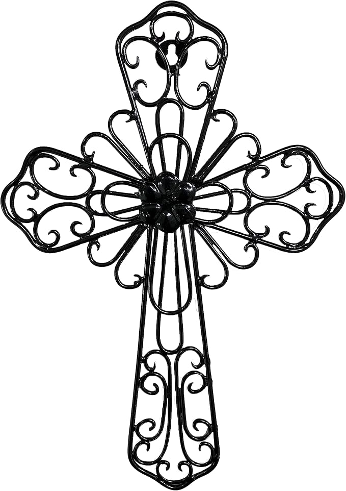 RELY+ Black Wall Cross 14X10 Inch Living Room Décor Outdoor Crucifix Wall Décor Metal Wall Art Decorative Hanging Iron Wrought Wall Décor Crosses for Rustic Indoor Home Valentine's Day Decorations