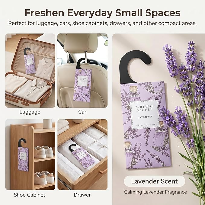ROSE COTTAGE Large 12 Packs Lavender Hanging Closet Deodorizer Air Freshener Long Lasting Scented Sachets Smell Goods for House