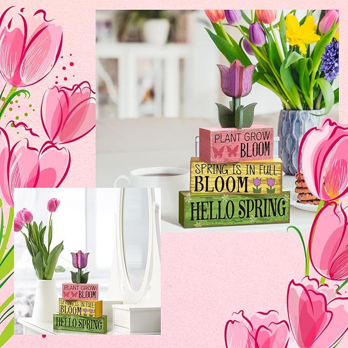 Moucuny 4 Pcs Spring Table Decoration Wooden Stacked Block Decor with Tulip Topper Spring Easter Tiered Tray Decor Platel Flower Table Centerpieces for Easter Party, Living Room, Kitchen