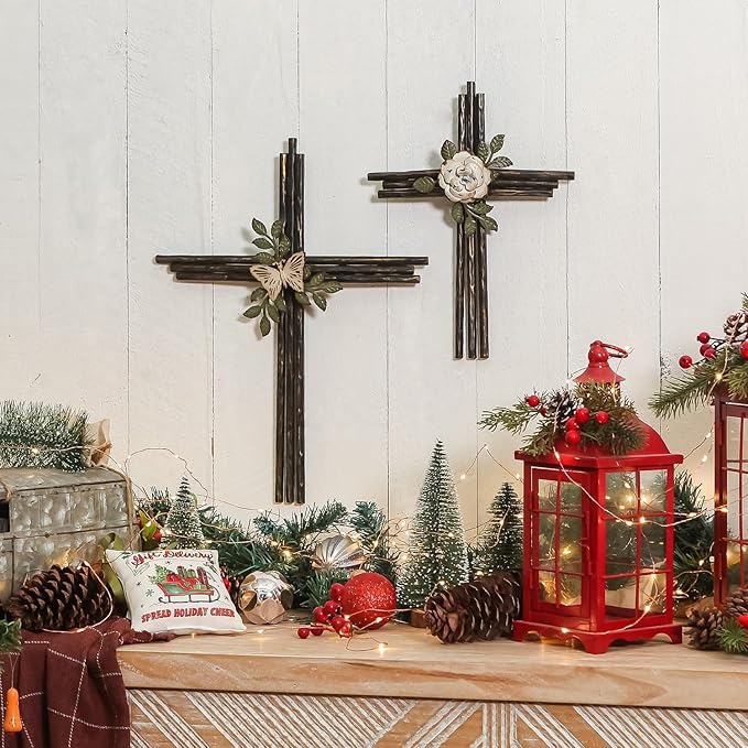 Synovana Wall Cross, Rustic Metal Cross Wall Decor with White Rose, Inspirational Christian Wall Crosses for Home Decor, Crucifix Gift