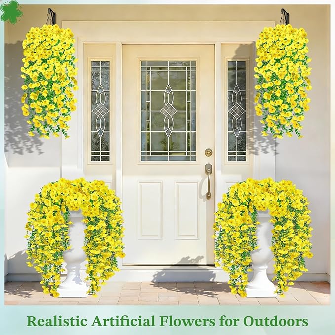 Artificial Hanging Flowers for Outdoors, 6 PCS Silk Morning Glory Artificial Flowers with Eucalyptus Leaves, UV Resistant Fake Flower Realistic Faux Plants for Home Patio Porch Garden Decor, Yellow