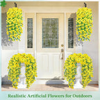 Artificial Hanging Flowers for Outdoors, 6 PCS Silk Morning Glory Artificial Flowers with Eucalyptus Leaves, UV Resistant Fake Flower Realistic Faux Plants for Home Patio Porch Garden Decor, Yellow