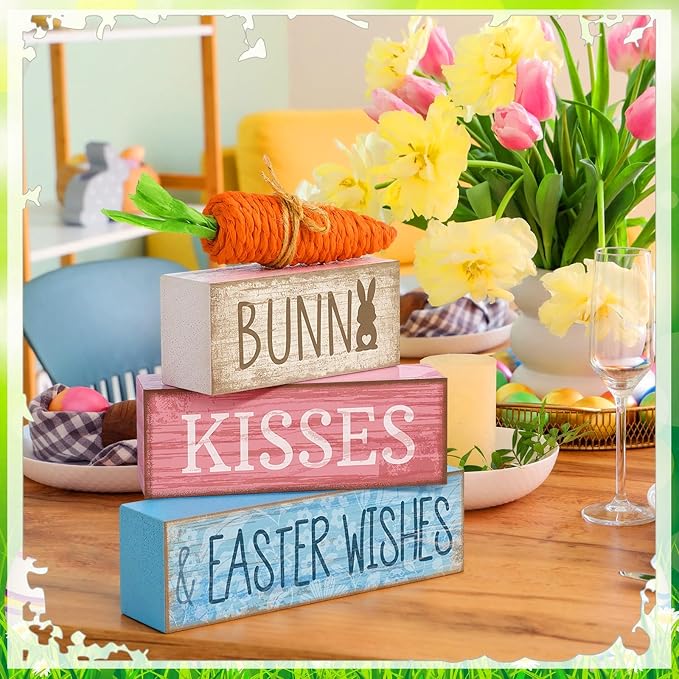Moucuny 4 Pcs Easter Table Decoration Wooden Block Carrot Decor Easter Tiered Tray Decoration Cute Bunny Centerpiece Rustic Carrot Sign Gift for Holy Week Kitchen, Party, Entryway Fireplace Decor